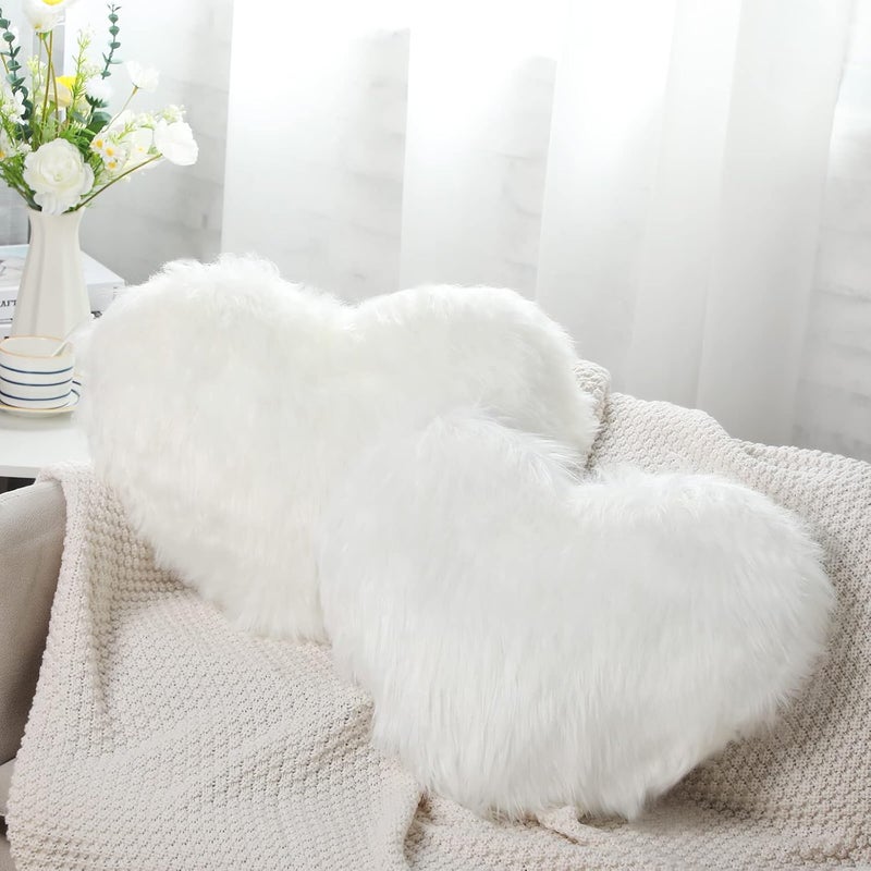 Enhon 2 Pcs Fluffy Heart Pillows Faux Fur Heart Shaped Plush Pillow Soft 20 x 15.7 Inch Love Throw Pillows with Insert for Decorative Office Home Bedroom Living Room Sofa(White) - Image 1